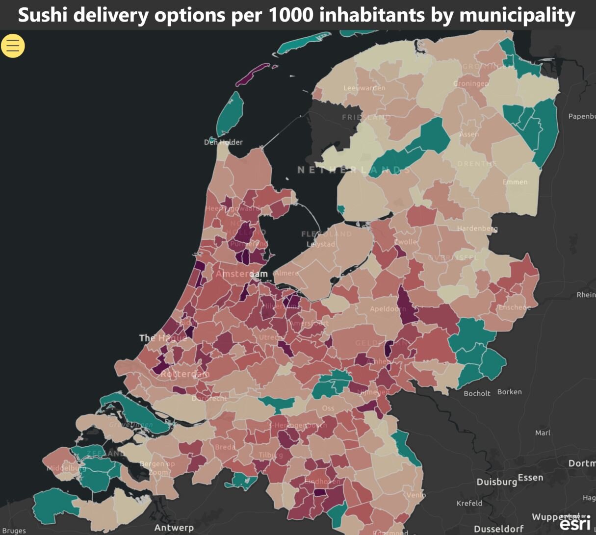 Kaart van Nederland met sushirestaurants per 1000 inwoners per gemeente